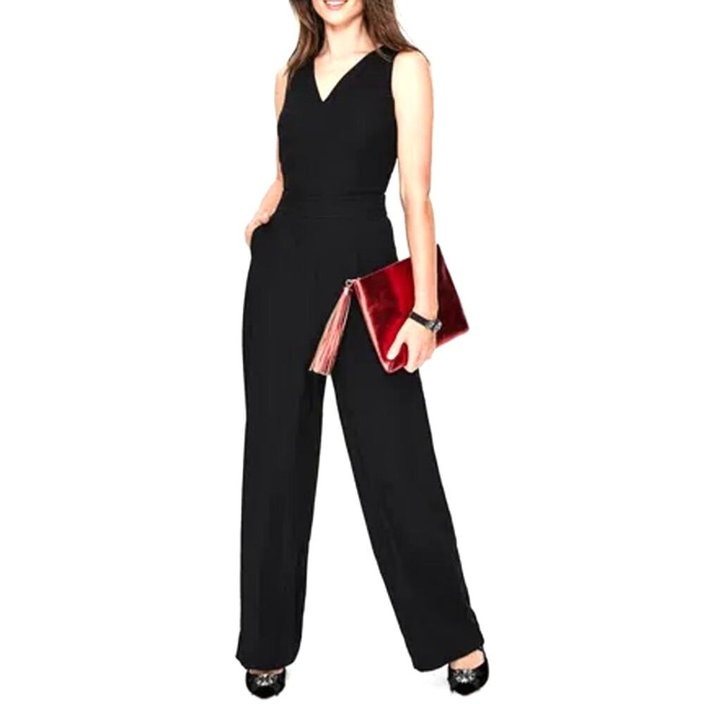 Boden Hexham Jumpsuit Women 12 Black Tuxedo Stripe Wide Leg V-Neck NWT Pockets